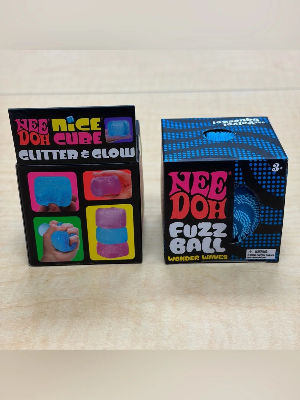 Lot of 2: Needoh Fuzz Ball Wonder/Nice Cube Glitter & Glow Fidget Blue/Pink New
